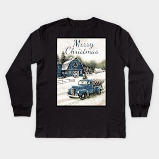 Blue retro car Christmas tree - Merry Christmas Kids Long Sleeve T-Shirt